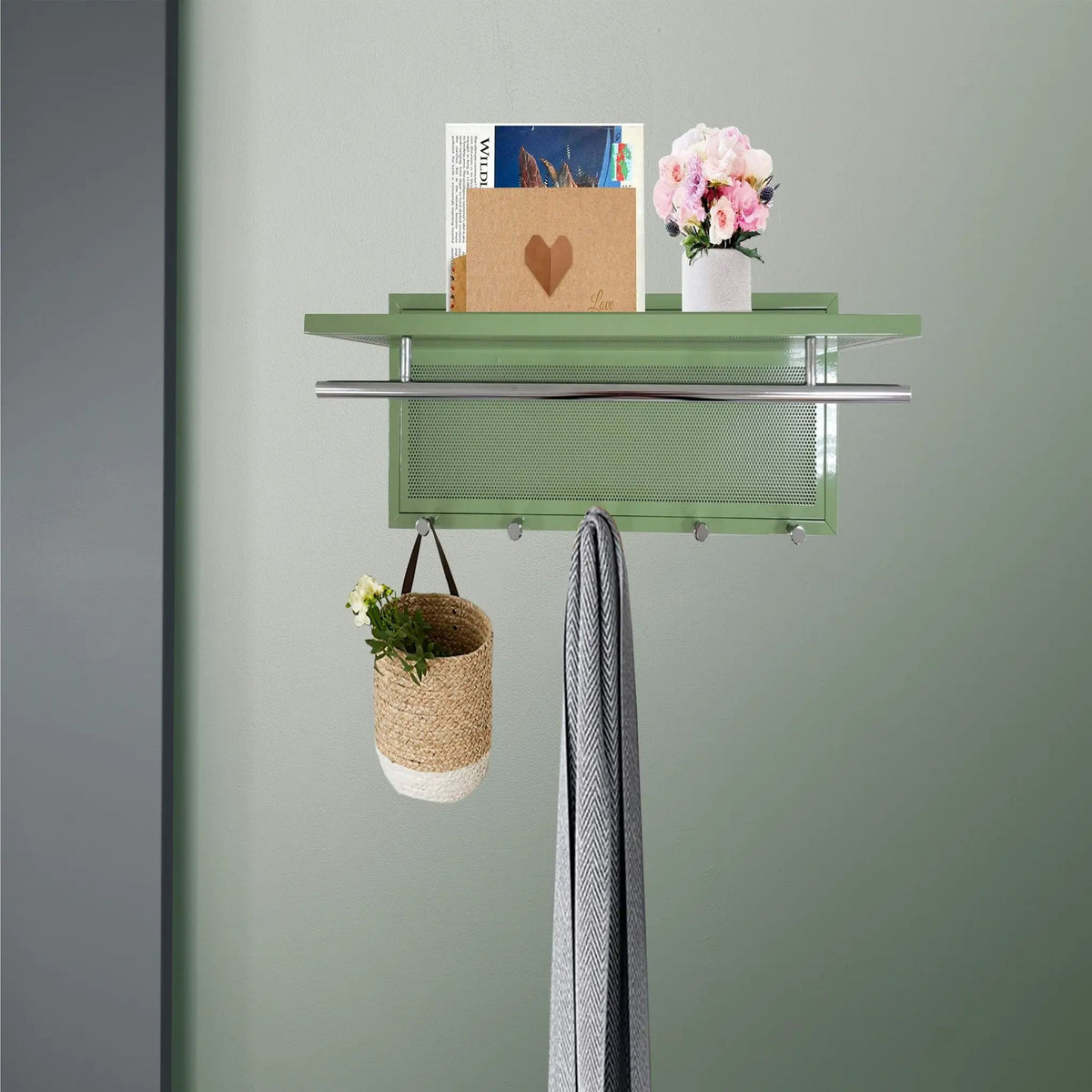 Wall Mounted Coat Rack | 5 Metal Hooks | Storage Shelf And Hanging Bar