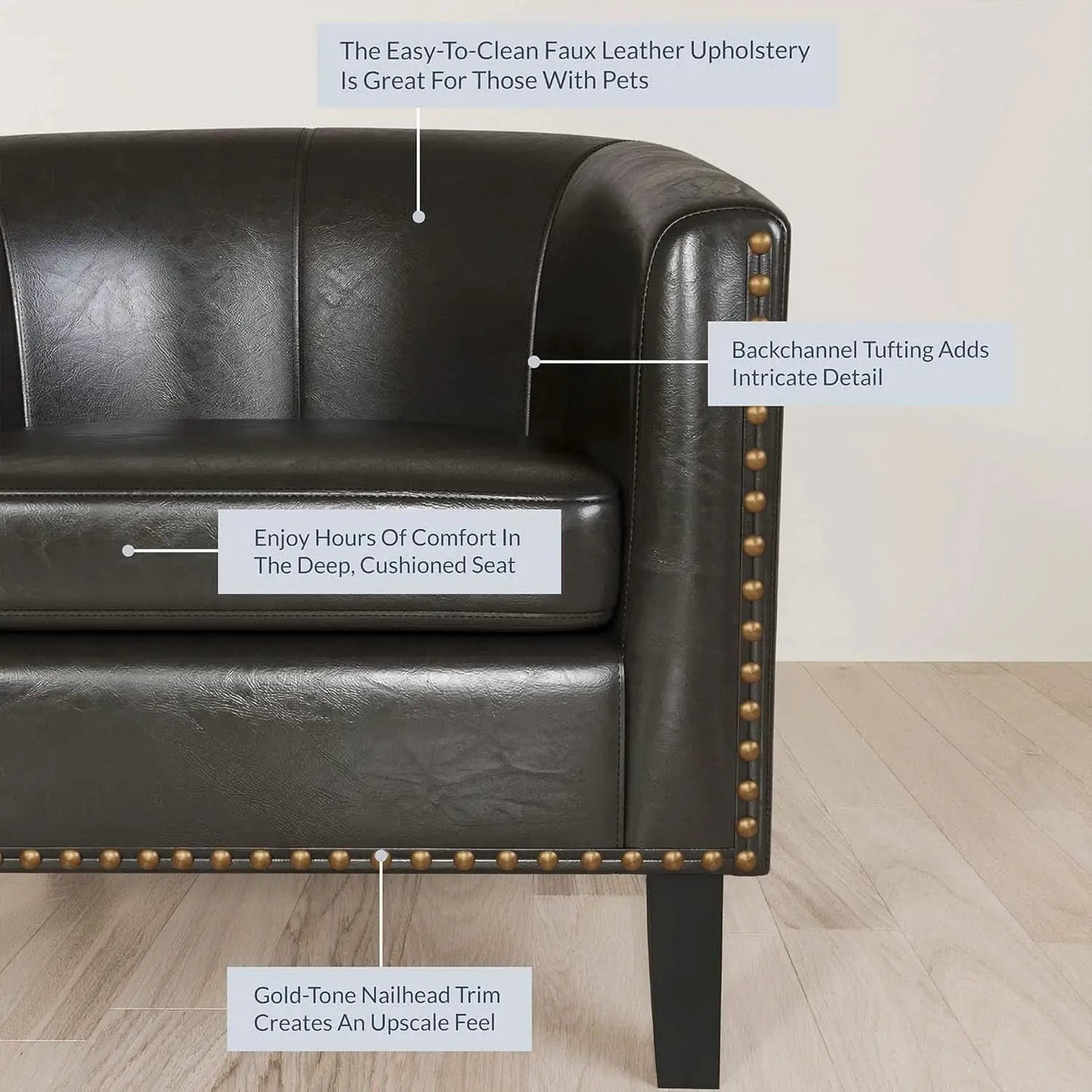Espresso Brown Faux Leather Barrel Chair Nailhead Trim from PriceLows™