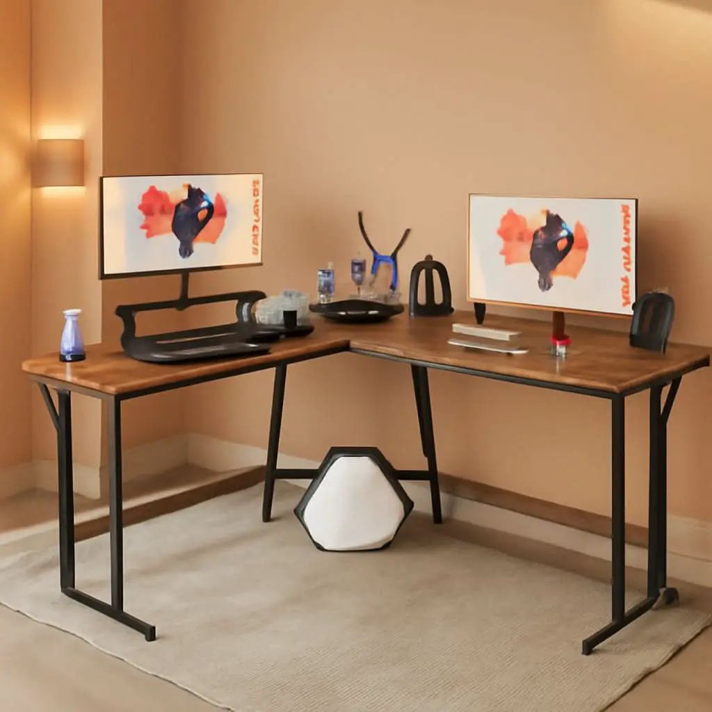 L Shaped Gaming Desk 51 Inch With Monitor Riser Brown from PriceLows™