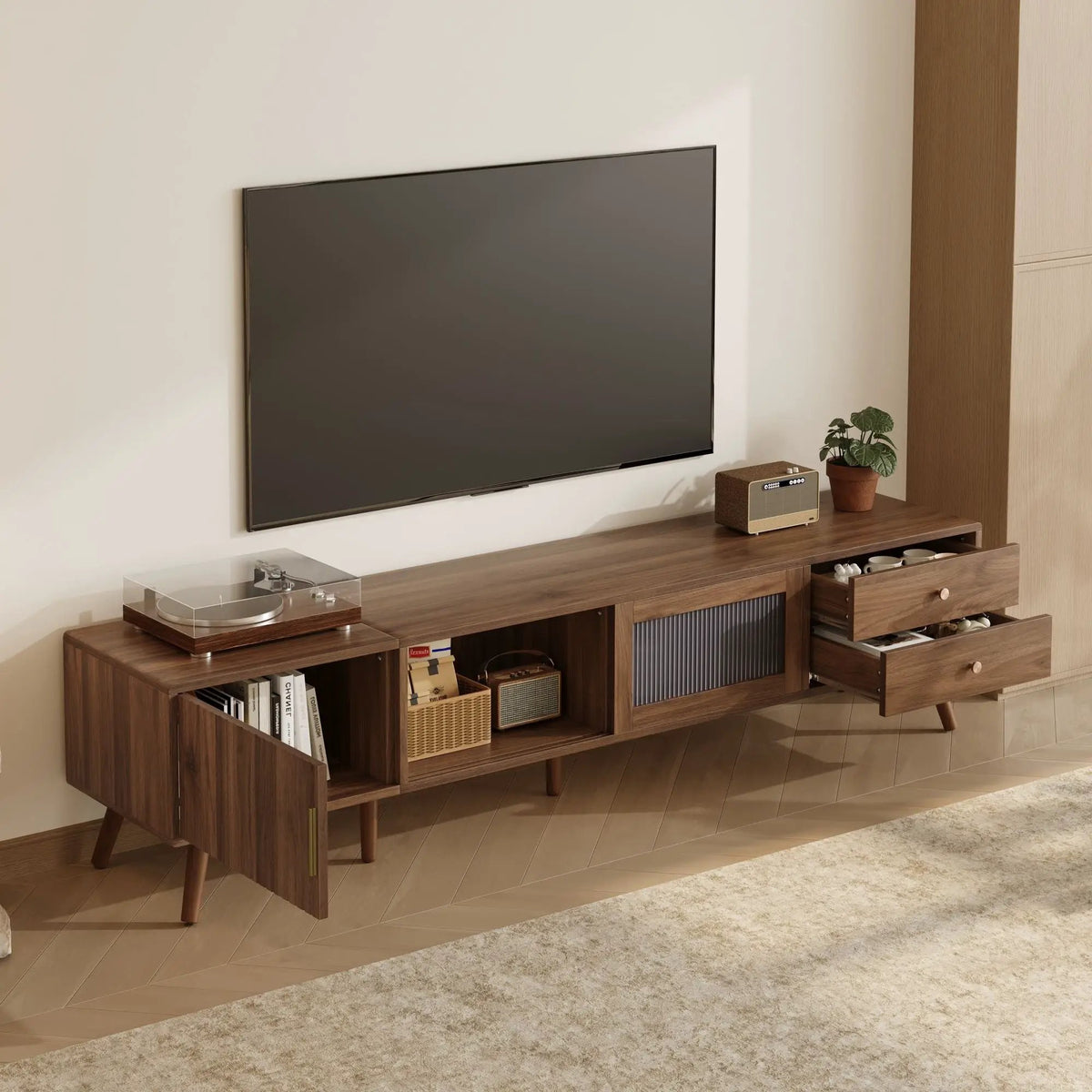 TV Stand | Fits 85 Inch TV | Tempered Glass Doors | Natural