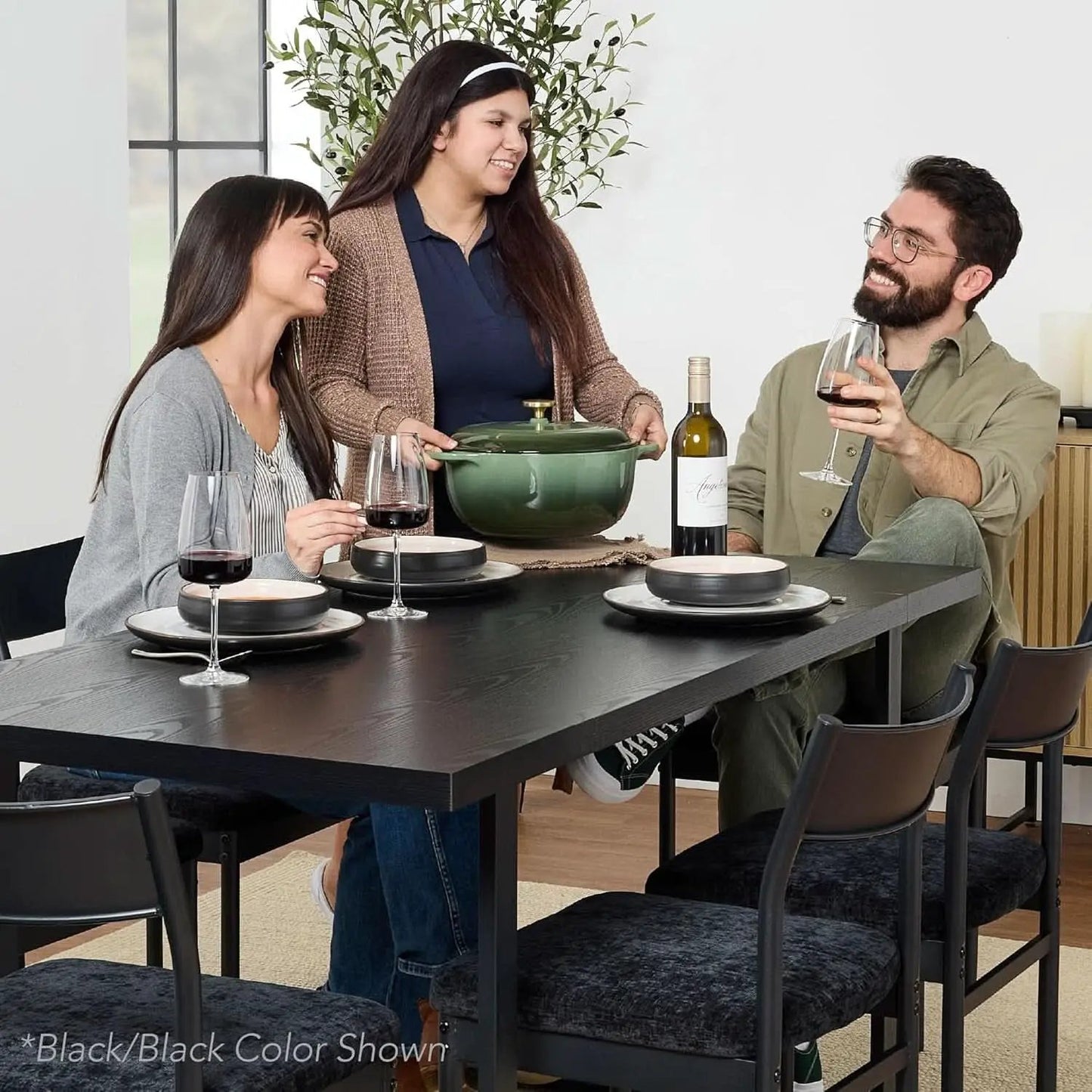 Six Seat Contemporary Dining Set Black Upholstered from PriceLows™