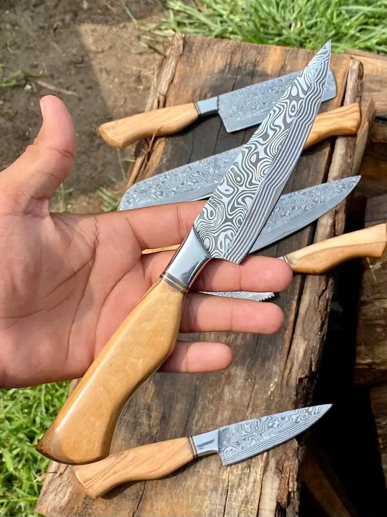 Sharp Kitchen Knife Set – 13" Damascus Steel Blade, Olivewood Handle & Leather Sheath from PriceLows™