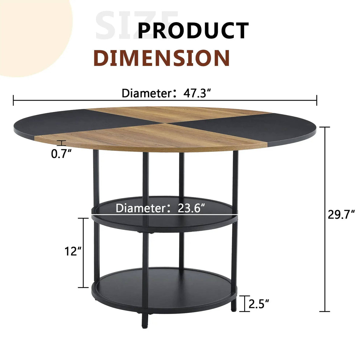Diameter Modern Splicing Circular Dining Table Double Layer Storage | 47.3 x 47.3 x 29.7 in | Metal & Mdf | Wood / Black