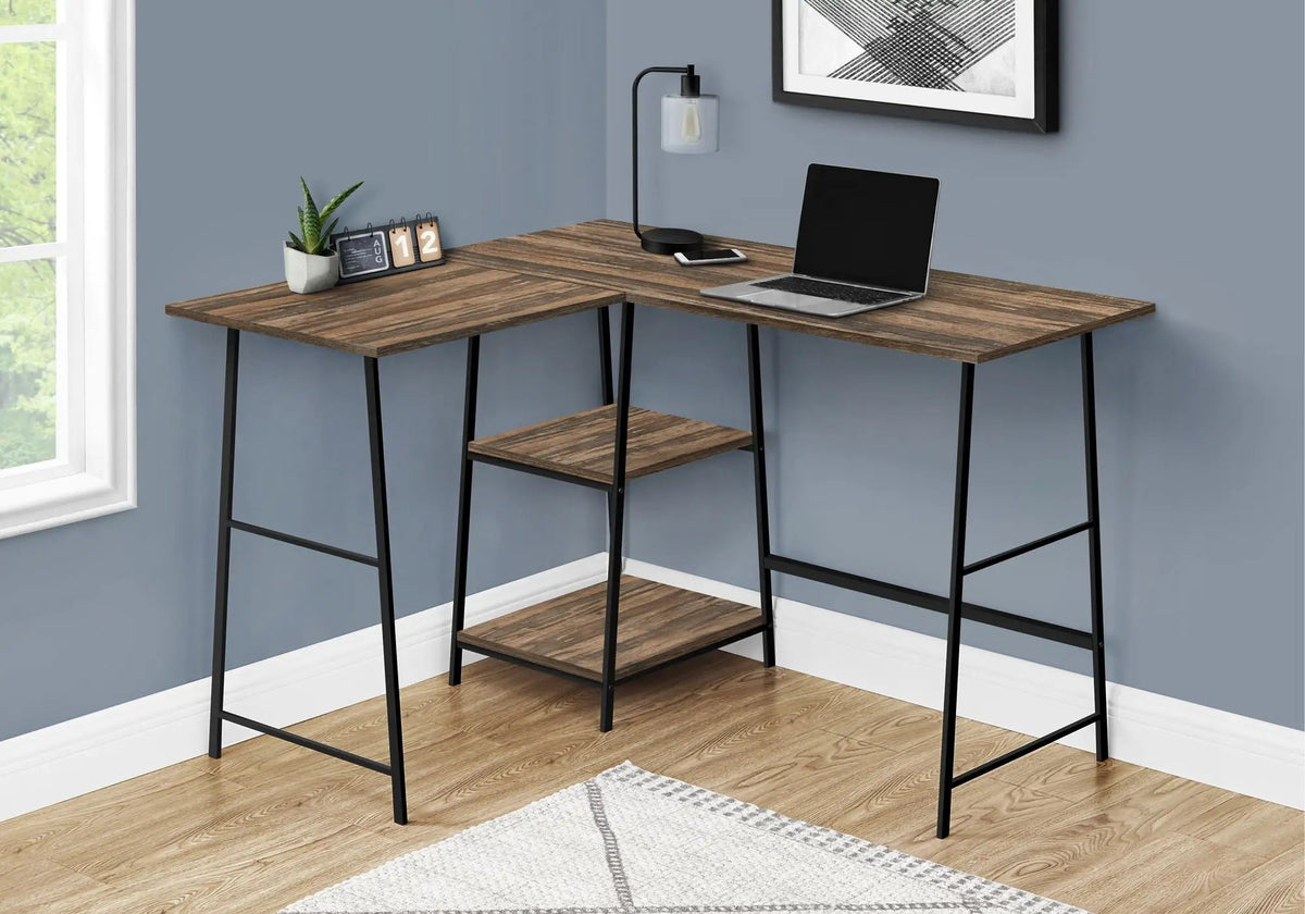 Reclaimed Wood Look L-Shaped Desk | 47.25 Inch Width | Medium Brown Laminate | 3-Tier Open Design