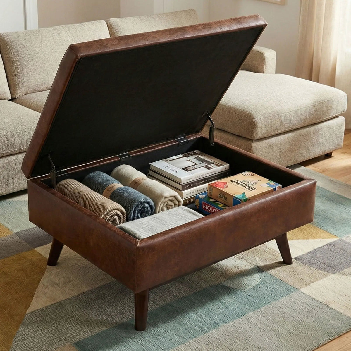 Storage Ottoman | Rectangular Design | Solid Wood Frame | Lift Top