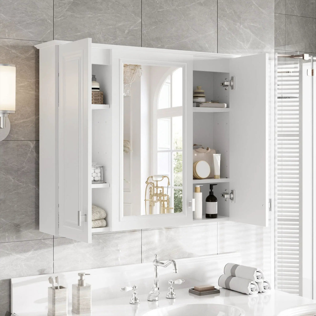 Wall Mounted Mirror Cabinet | 5 Adjustable Shelves | HD Mirror | White