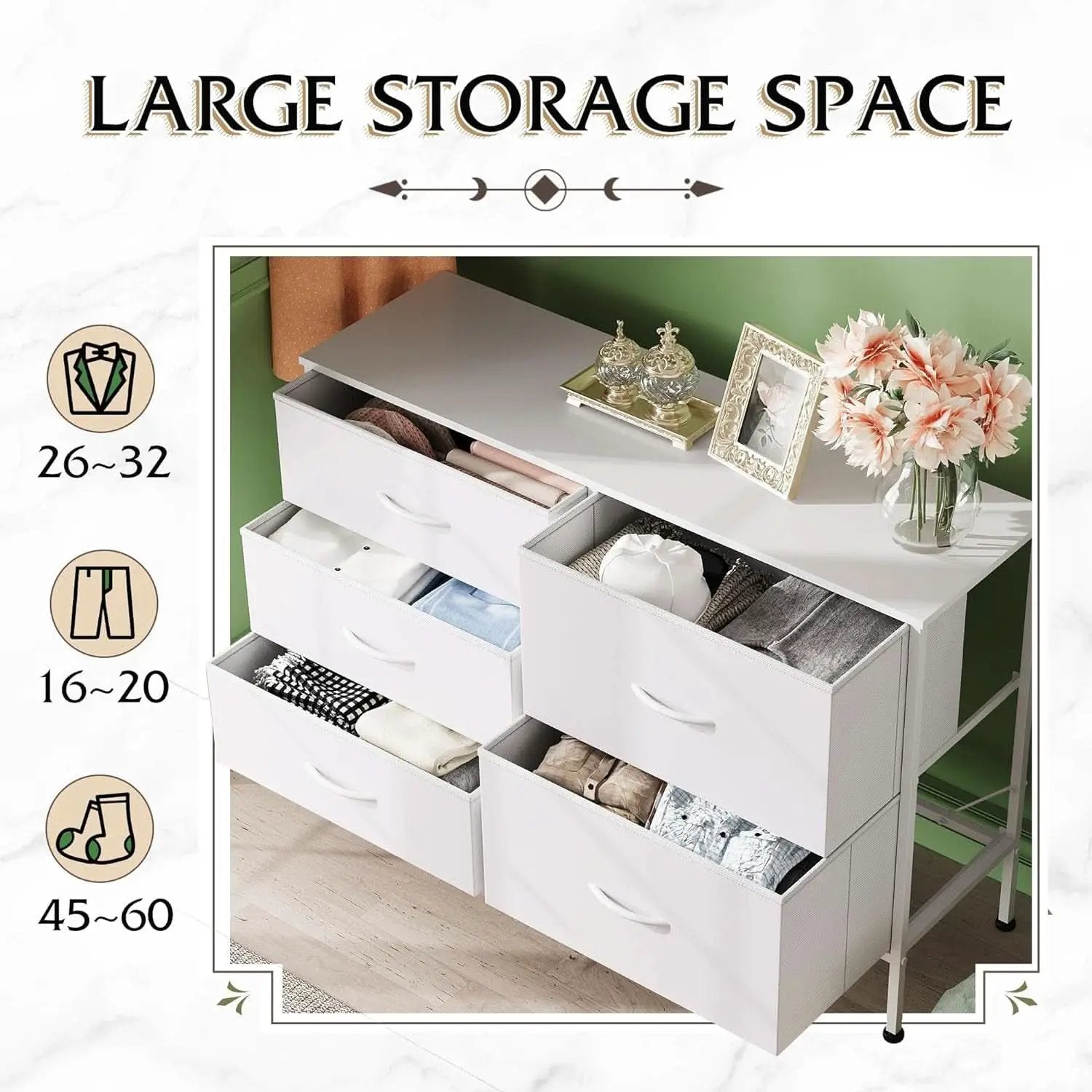 Fabric Dresser With 5 Drawers White For Bedroom Storage Organizer from PriceLows™