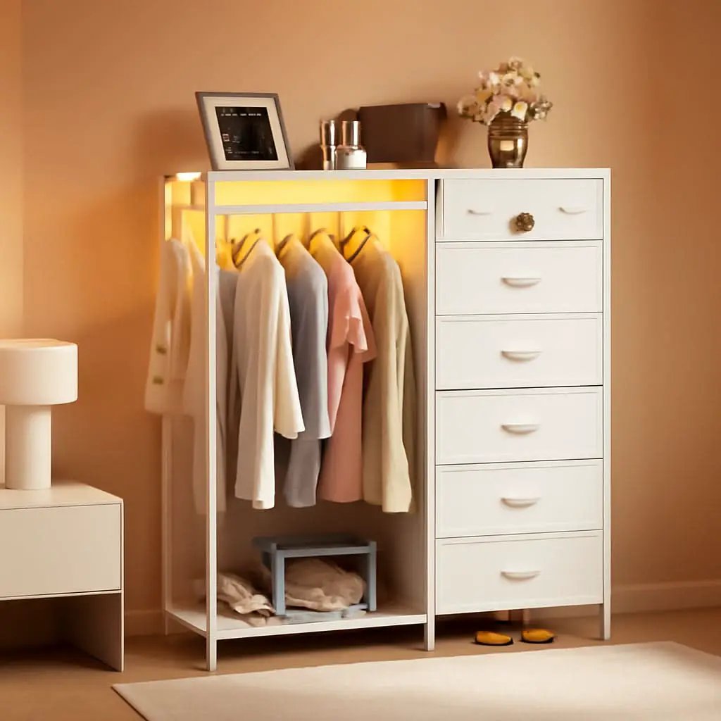 43Inch White Dresser With Hanging Rack AmbientLEDLighting from PriceLows™
