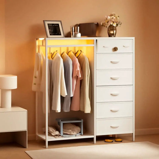 43Inch White Dresser With Hanging Rack AmbientLEDLighting from PriceLows™