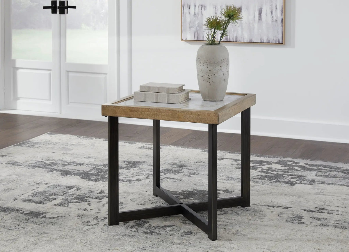 Montia Square End Table | Sintered Stone Top | Mango Veneer | Black Finish Frame