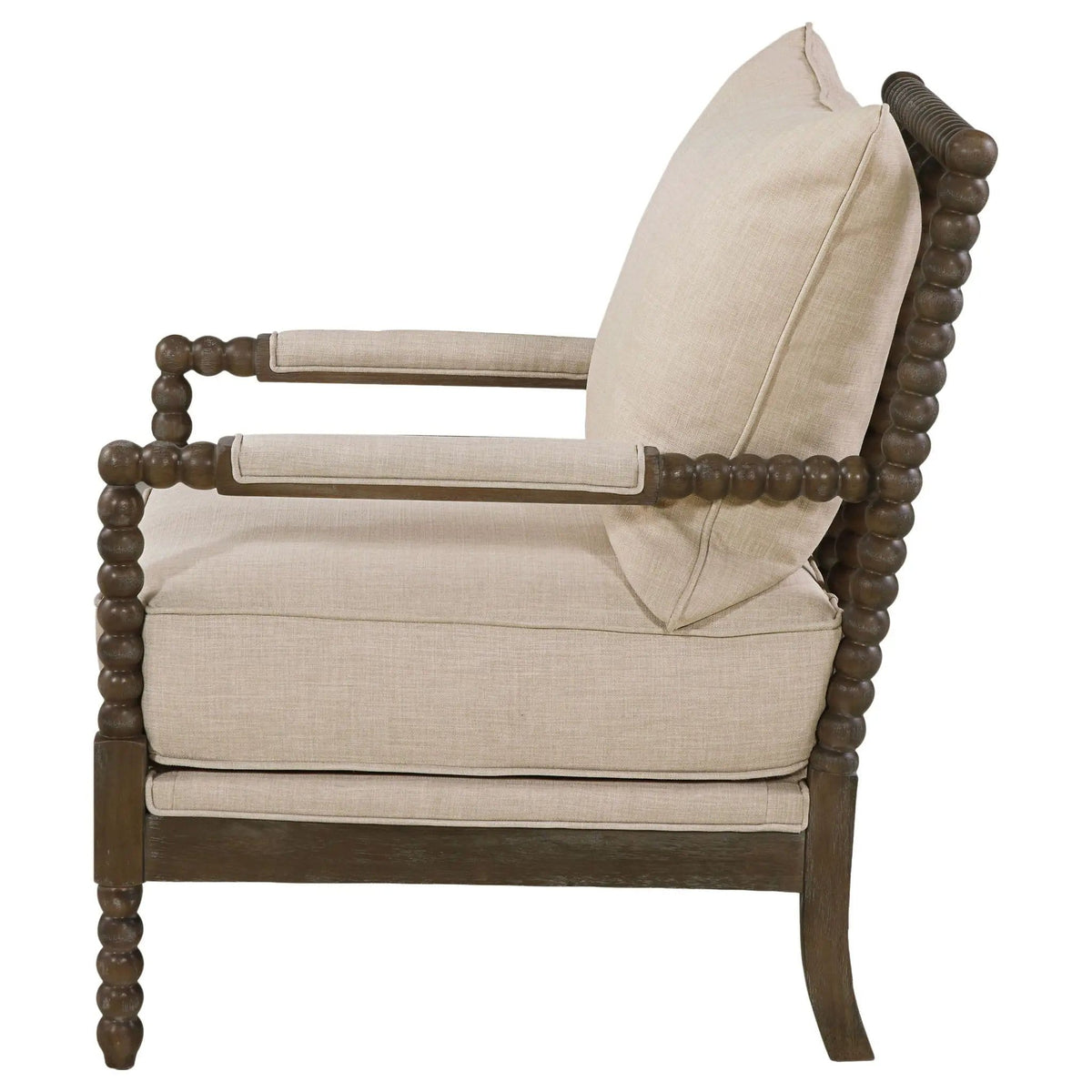 Blanchett Upholstered Bobbin Accent Chair Beige and Distressed | 29.5 x 34 x 38 in | Rubberwood & Fabric | Brown