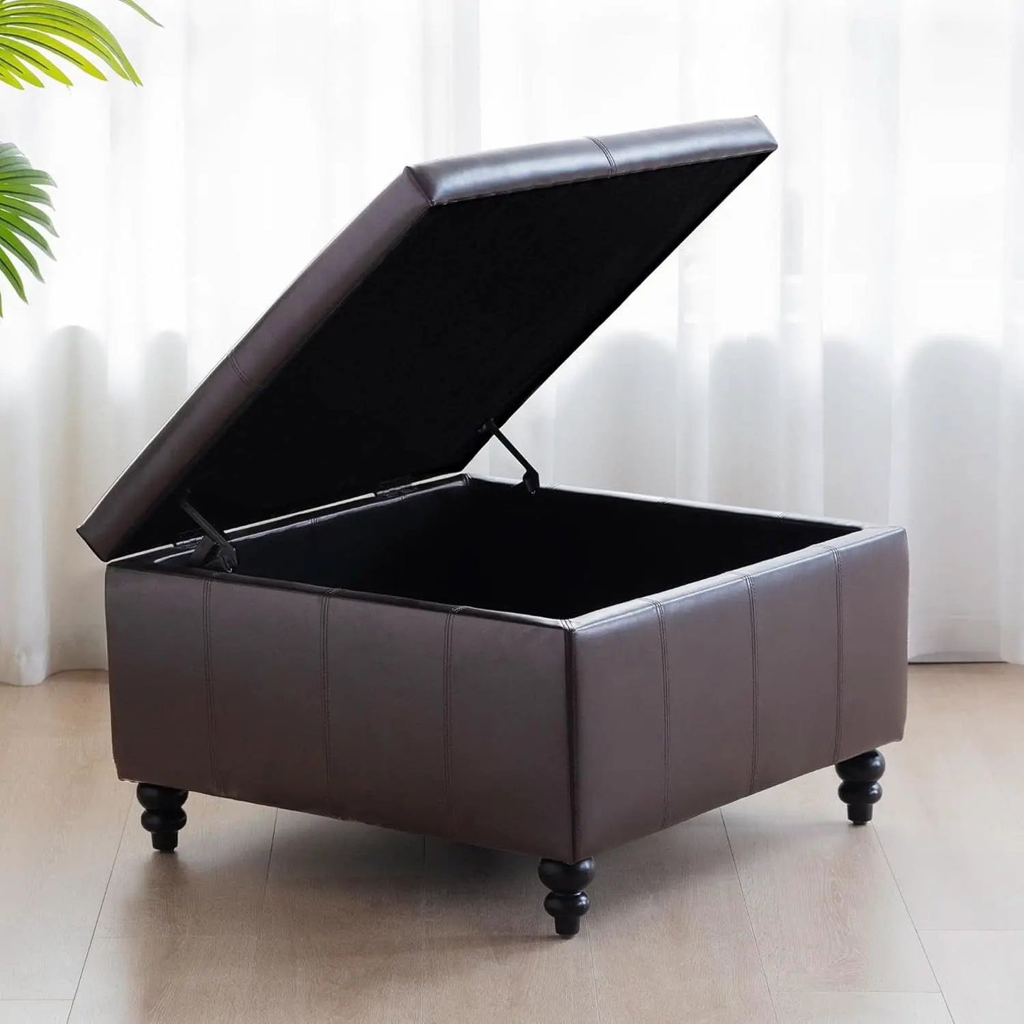 Square Leather Storage Ottoman 30-Inch Brown Durable from PriceLows™