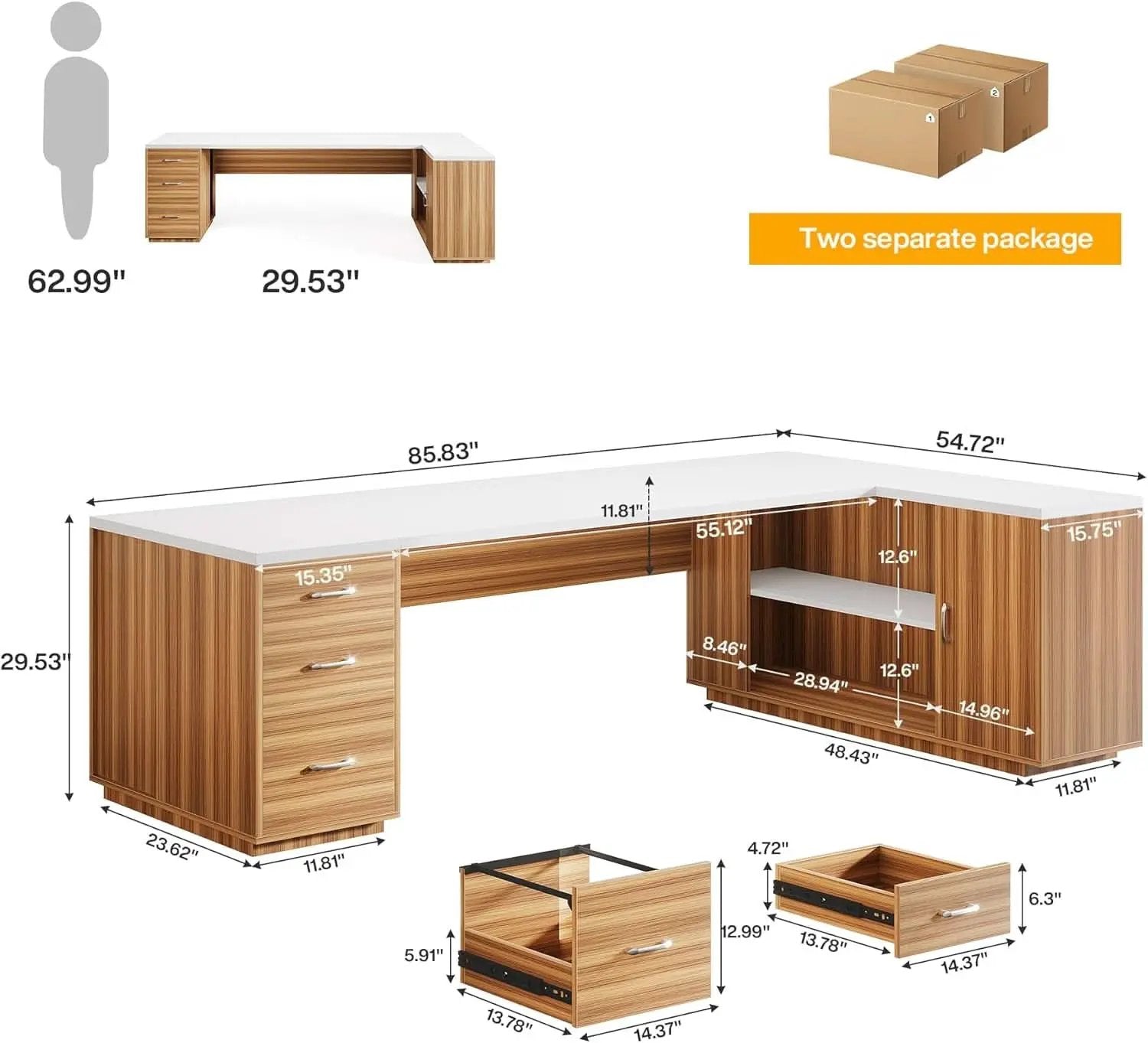 85 Point 8 Inch L-Shaped Executive Desk White Walnut Storage Cabinet from PriceLows™