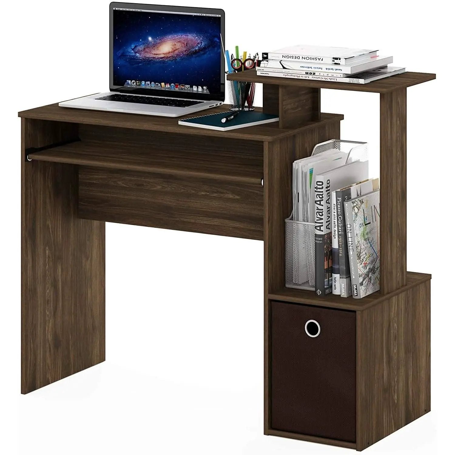 Walnut Compact Desk With Keyboard Tray And Shelves from PriceLows™