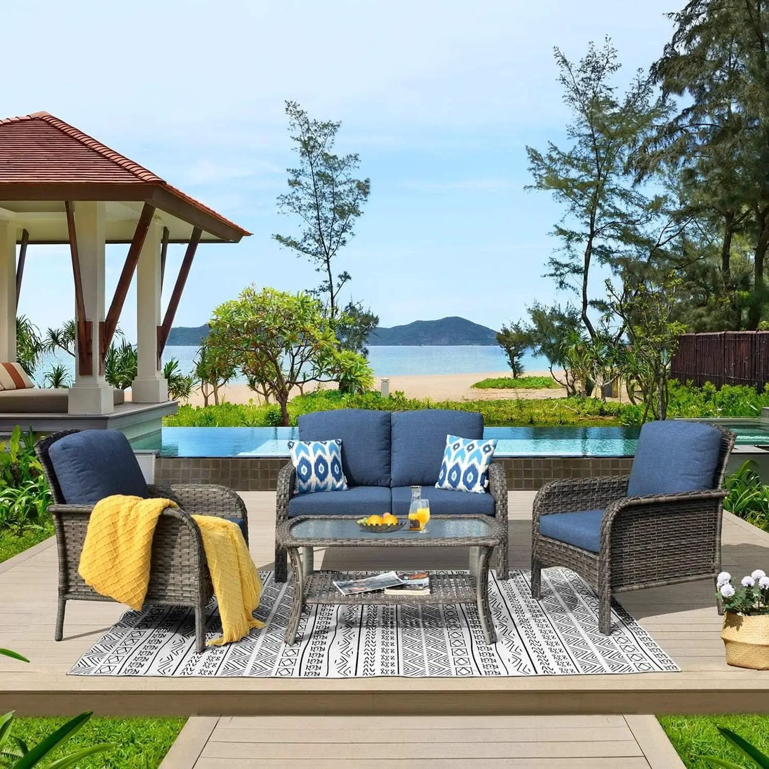 Denim Blue 4 Piece Outdoor Patio Furniture Set Cushions from PriceLows™