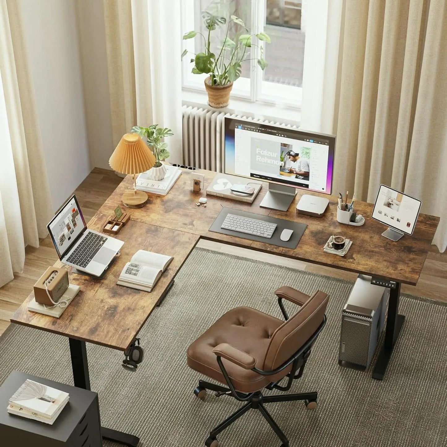 Electric L-Shaped Standing Desk 63 By 55 Inch Rustic Brown from PriceLows™