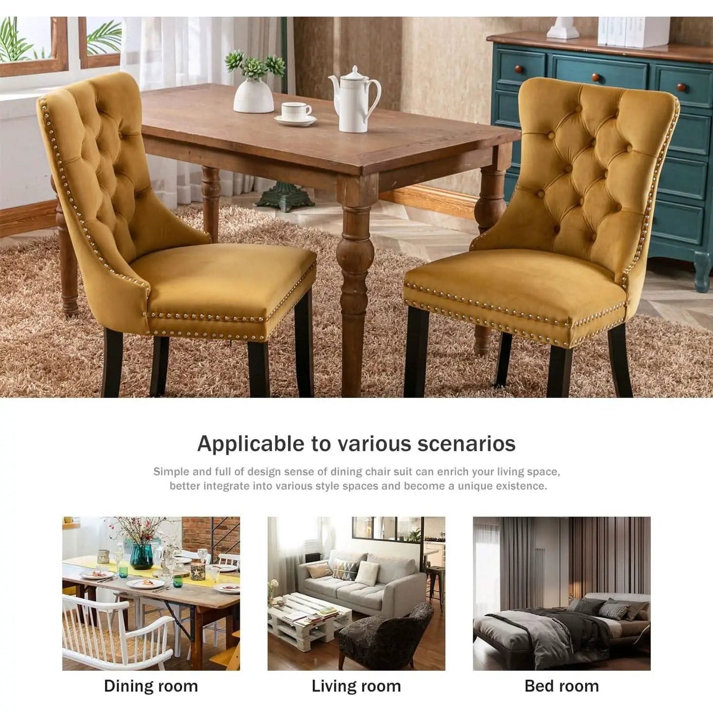 Gold Velvet Tufted Dining Chairs With Ring Pull Trim from PriceLows™