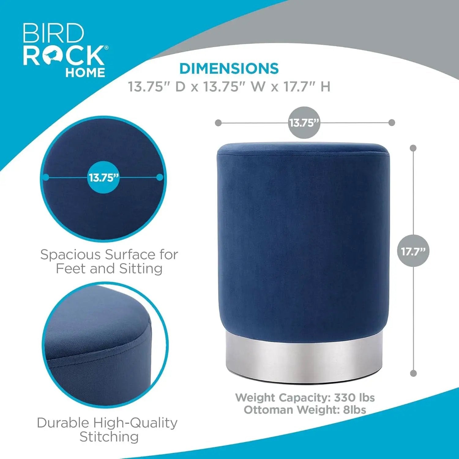 Sleek Round Ottoman Foot Stool Blue Memory Foam Padding from PriceLows™