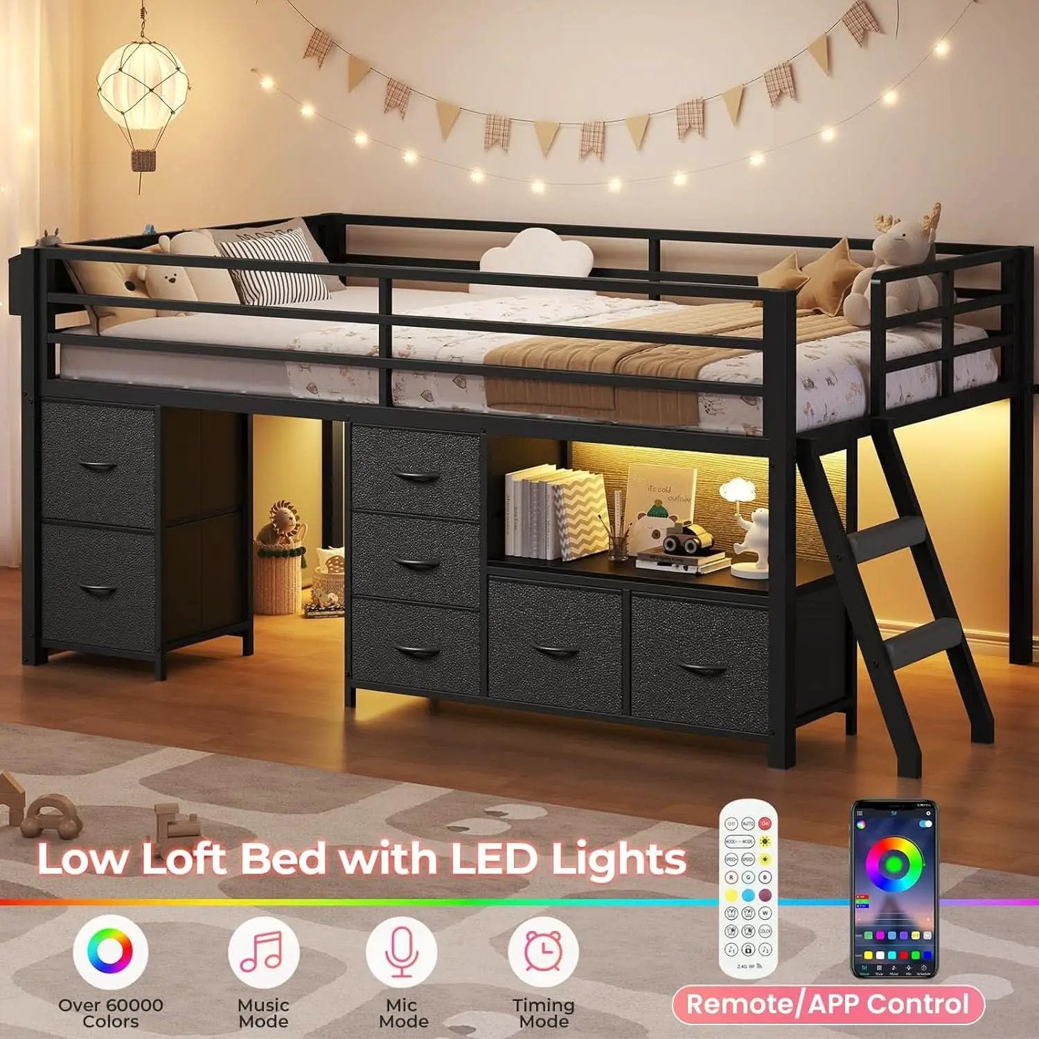 Twin Loft Bed With LED Lights And Storage Drawers Included from PriceLows™