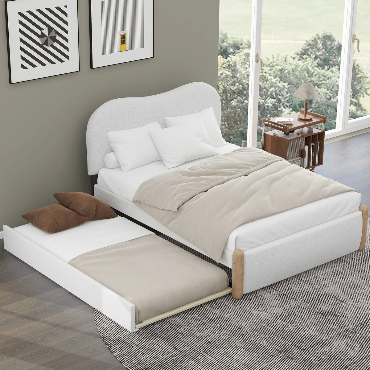 Upholstered Platform Bed | Trundle | Arc-Shaped Berber Fleece Headboard | Wood Supporting Feet