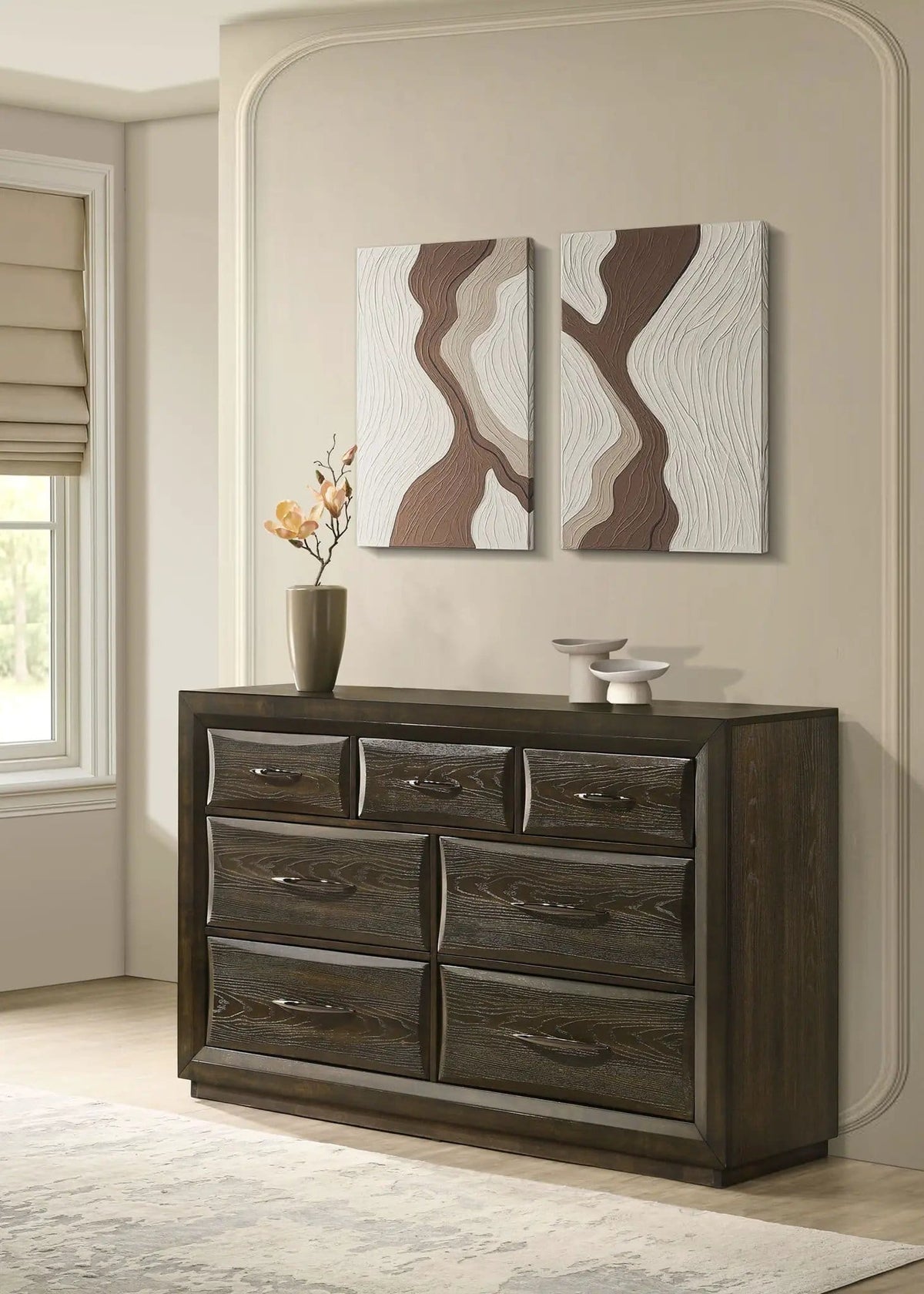 Atlas 7-drawer Bedroom Dresser Cabinet Dark | 63 x 17.75 x 39 in | Rubberwood & Engineered Wood | Oak