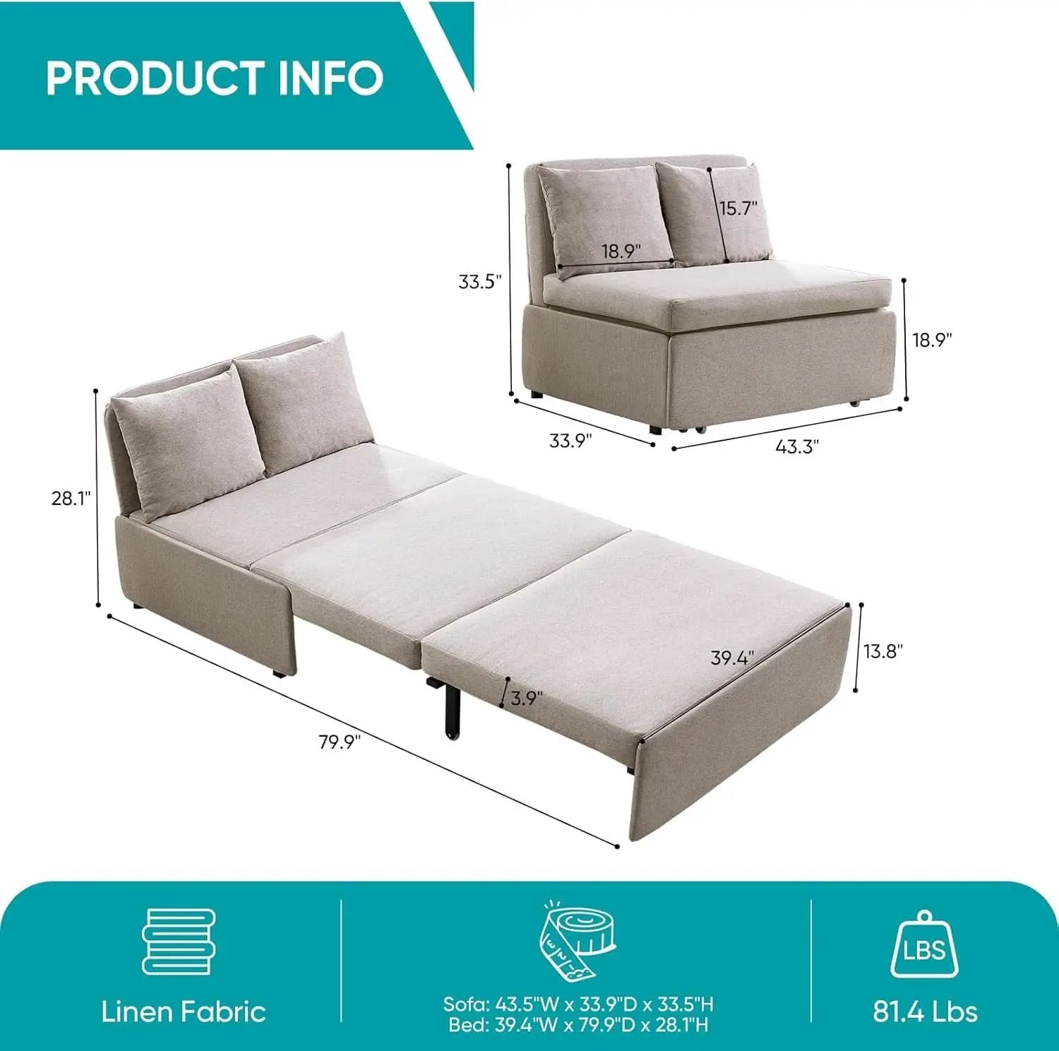 Twin Size Premium Convertible Sofa Bed Sleeper Beige from PriceLows™