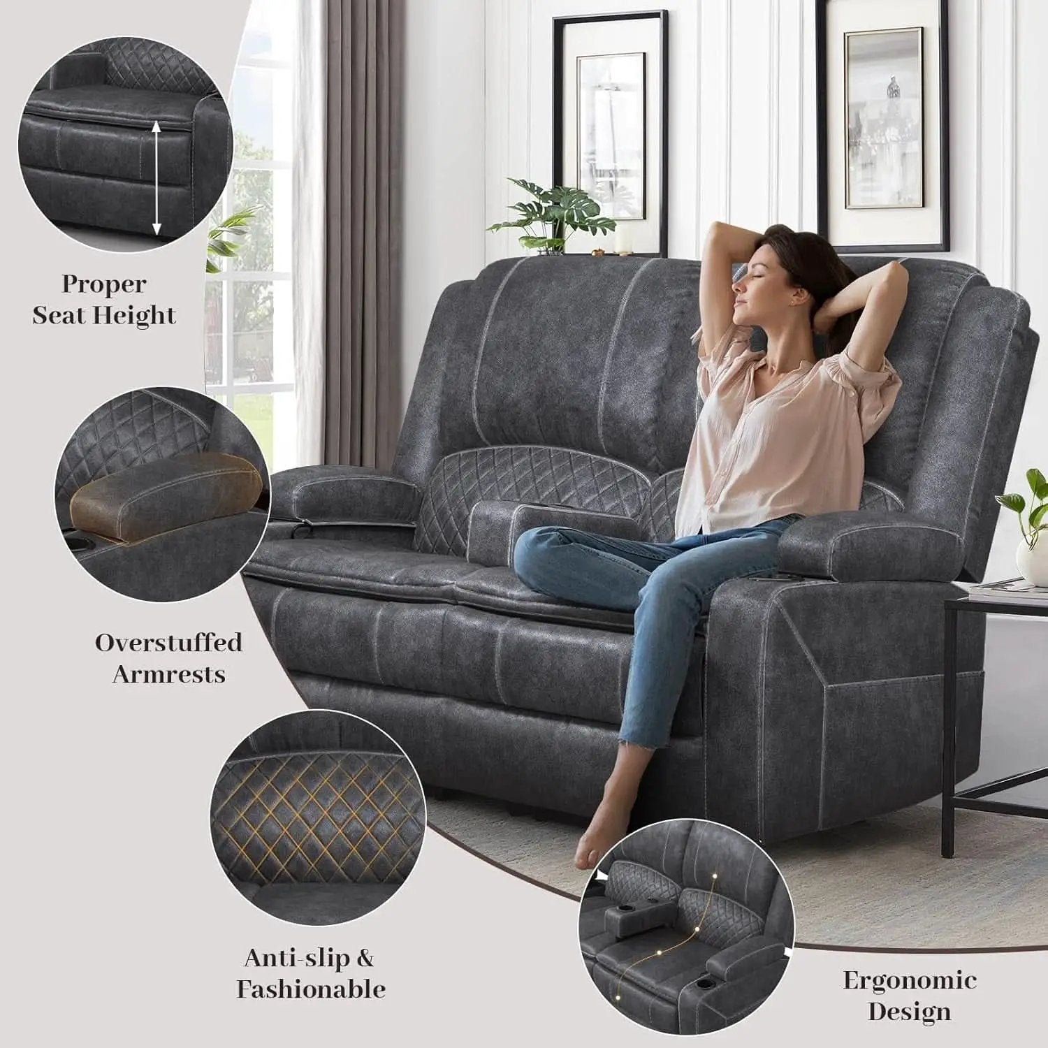 Gray Velvet Manual Recliner Loveseat With USB Ports from PriceLows™