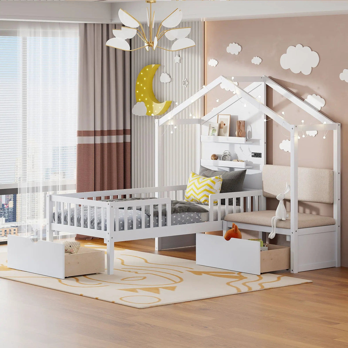 House Bed With Upholstered Sofa, Wireless Charging Station, Shelves And 2 Drawers | 2 Pieces | 2-Drawer | Bedroom