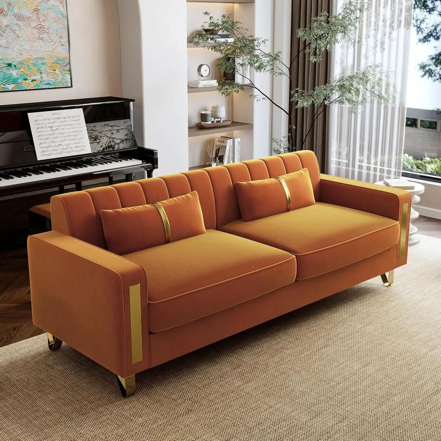 2 Piece Orange Velvet Loveseat Couch Set With Gold Metal Legs 86 Inch Living Room Sofa With 4 Pillows from PriceLows™