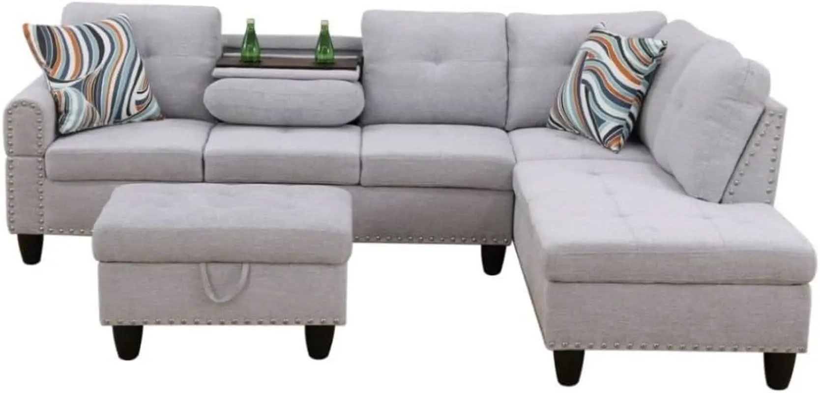 Grey White Flannel L Shaped Sectional Sofa With Ottoman from PriceLows™