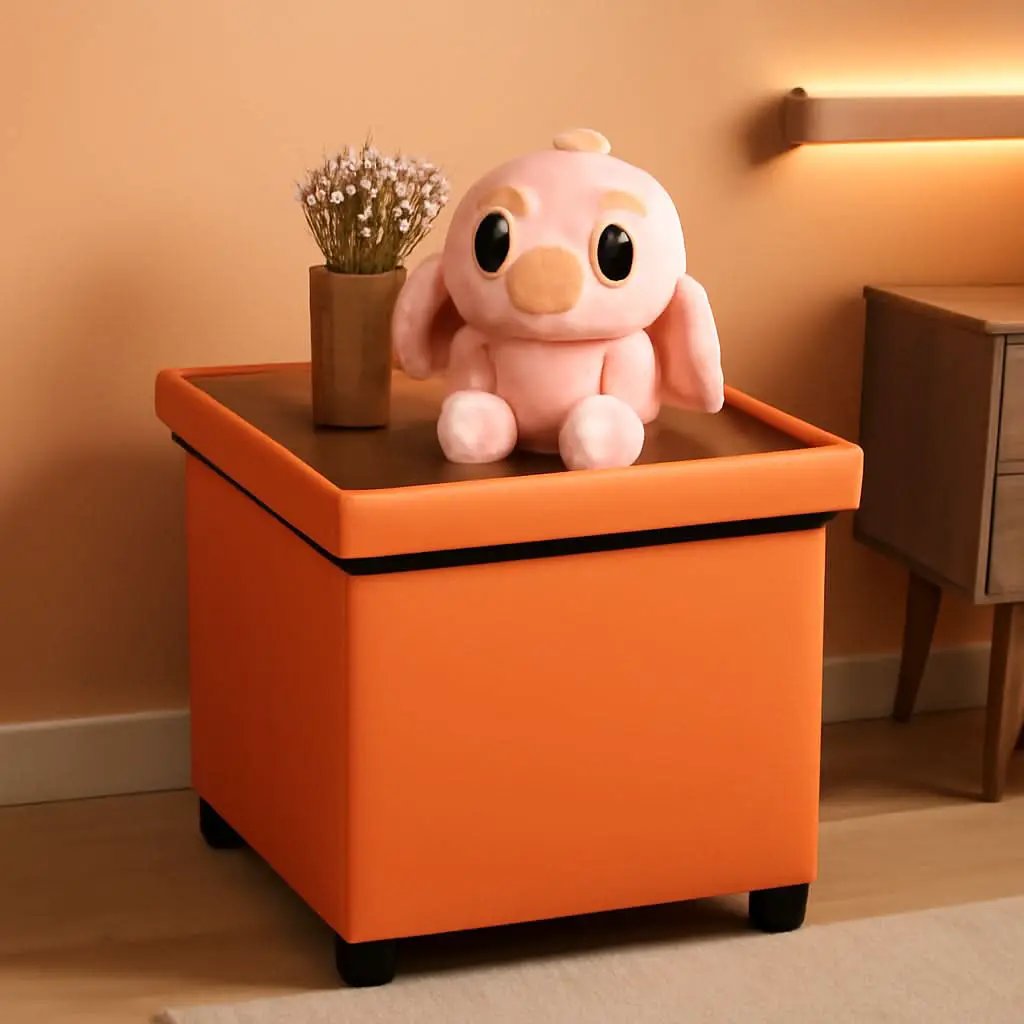 Orange Faux Leather Storage Ottoman With Wooden Tray from PriceLows™