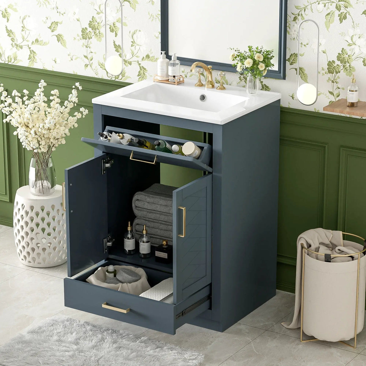 24 Inch Modern Vanity | Integrated Ceramic Sink | 2 Door Cabinet | Tip-Out Drawer
