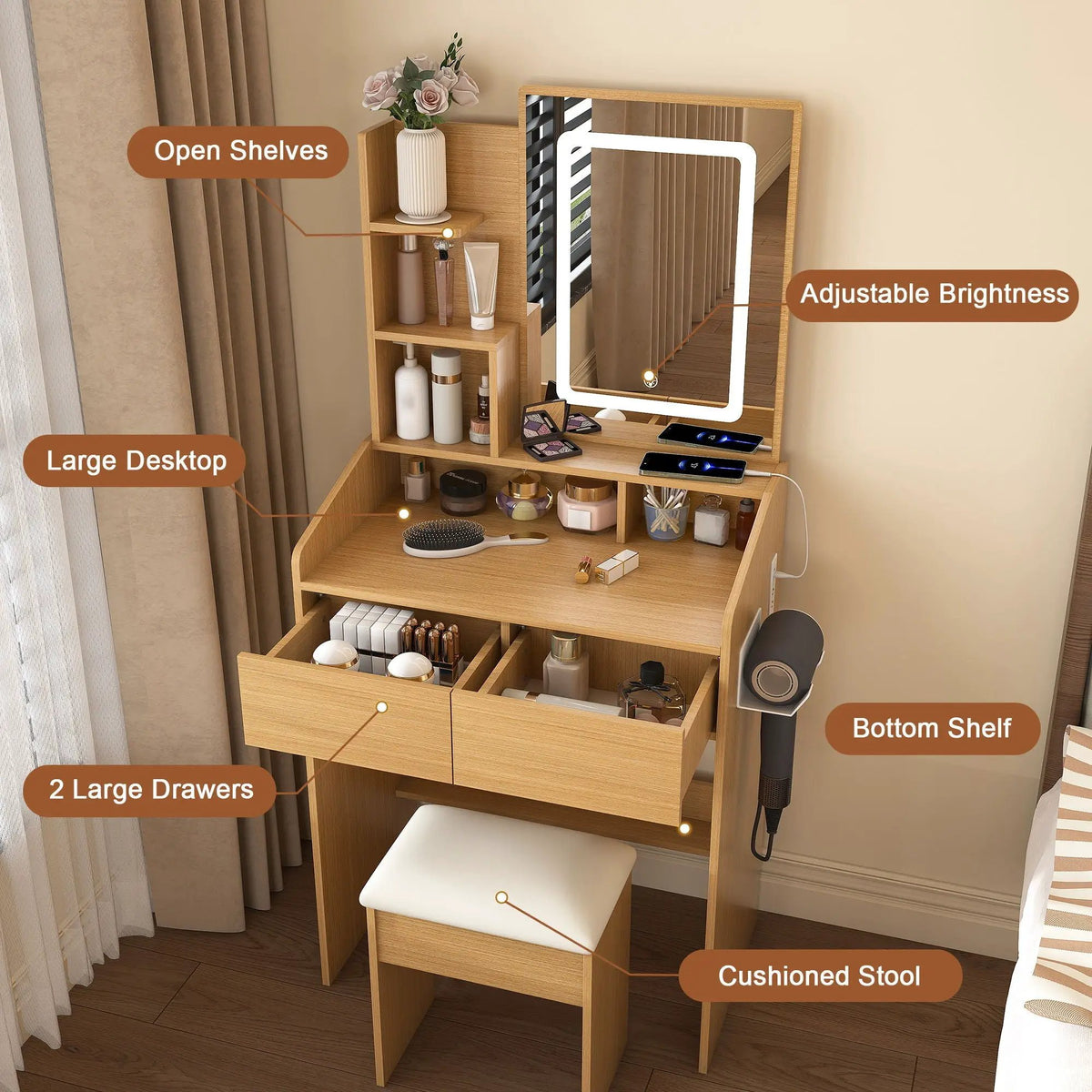 Vanity Table | Adjustable LED Mirror | Power Outlets | Padded Stool