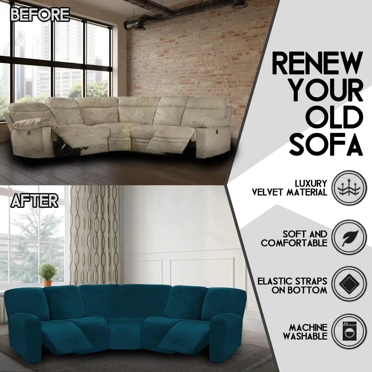 Velvet Seven Piece Sectional Recliner Sofa Cover Deep Teal from PriceLows™