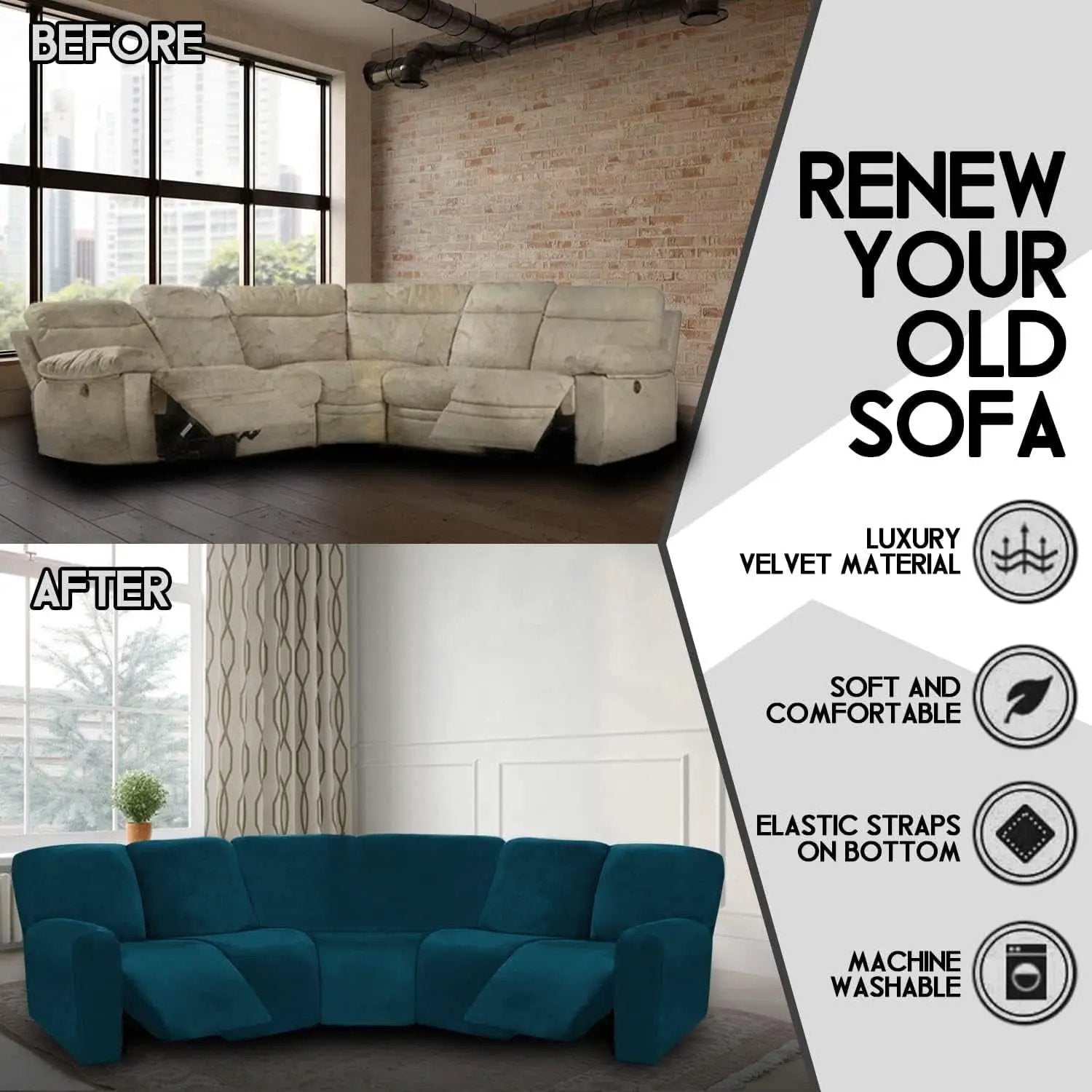 Velvet Seven Piece Sectional Recliner Sofa Cover Deep Teal from PriceLows™