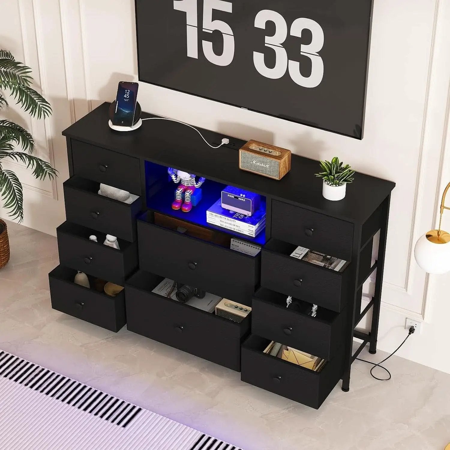 Black Dresser With Charging Station And LED Lights from PriceLows™