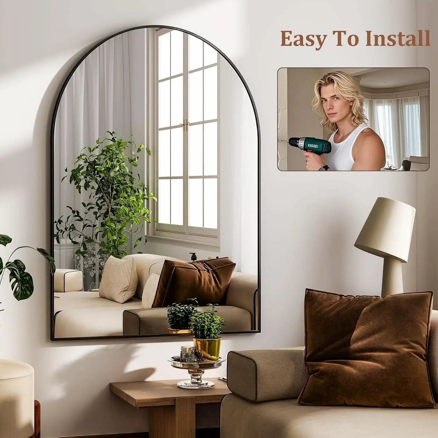 Arched Wall Mirror Black Metal Frame 24 By 36 Inches from PriceLows™