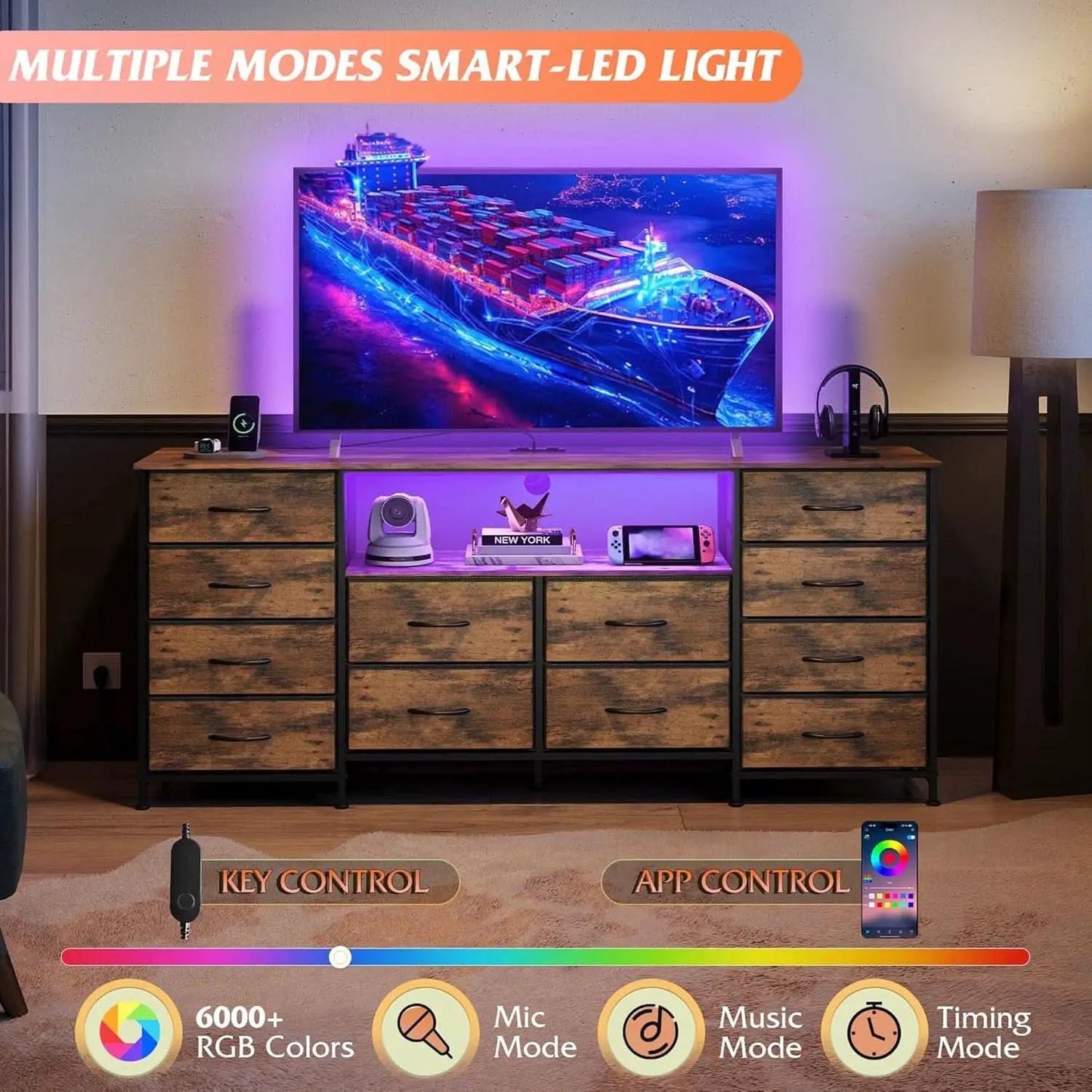 Twelve Drawer Dresser LED TV Stand Rustic Brown Finish from PriceLows™