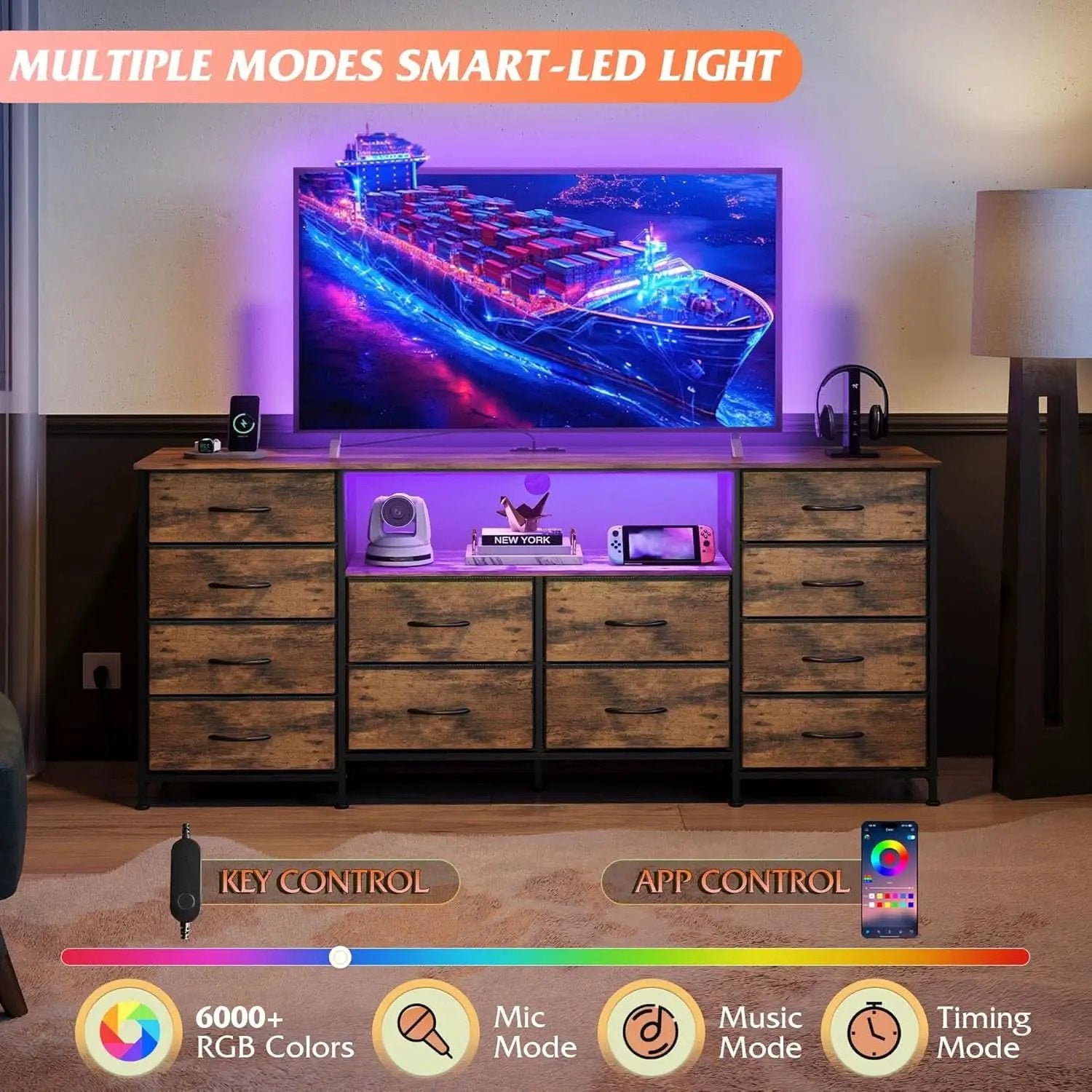 Twelve Drawer Dresser LED TV Stand Rustic Brown Finish from PriceLows™