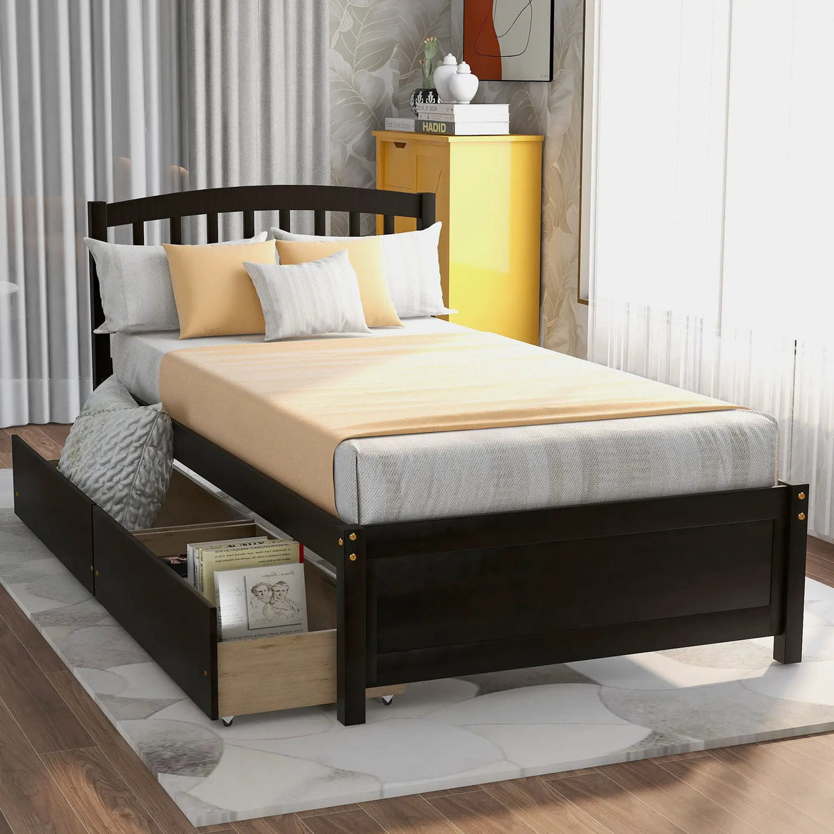 Platform Storage Bed | Wood Frame | Two Drawers | Headboard And Footboard
