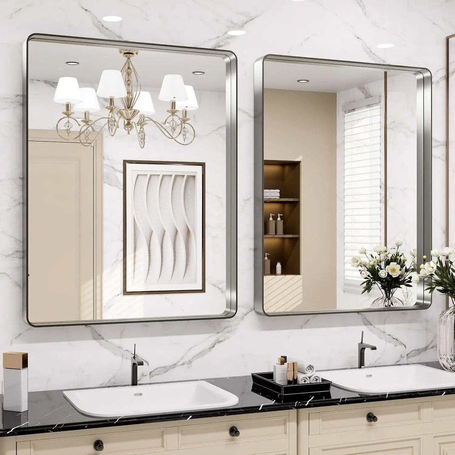 24 By 30 Inch Brushed Nickel Wall Mounted Bathroom Mirror Hangs Horizontally Or Vertically from PriceLows™