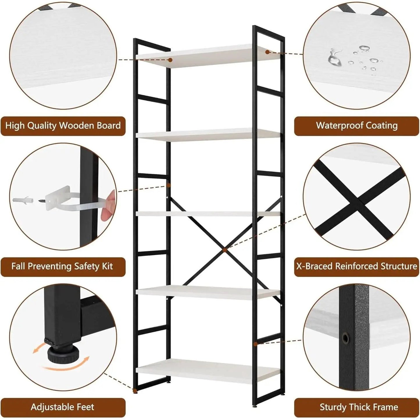 Two Piece Five Tier White Bookshelf Set Industrial Modern Bookcase For Living Room Office from PriceLows™