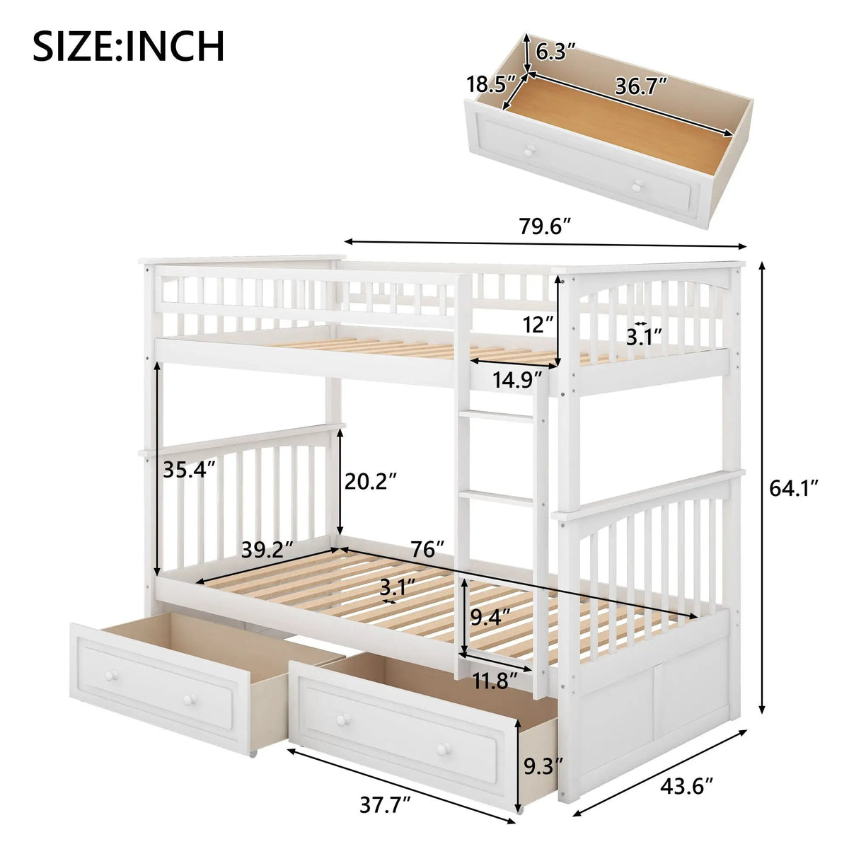 Twin Over Twin Bunk Bed | With Storage Drawers | Convertible | Twin Size