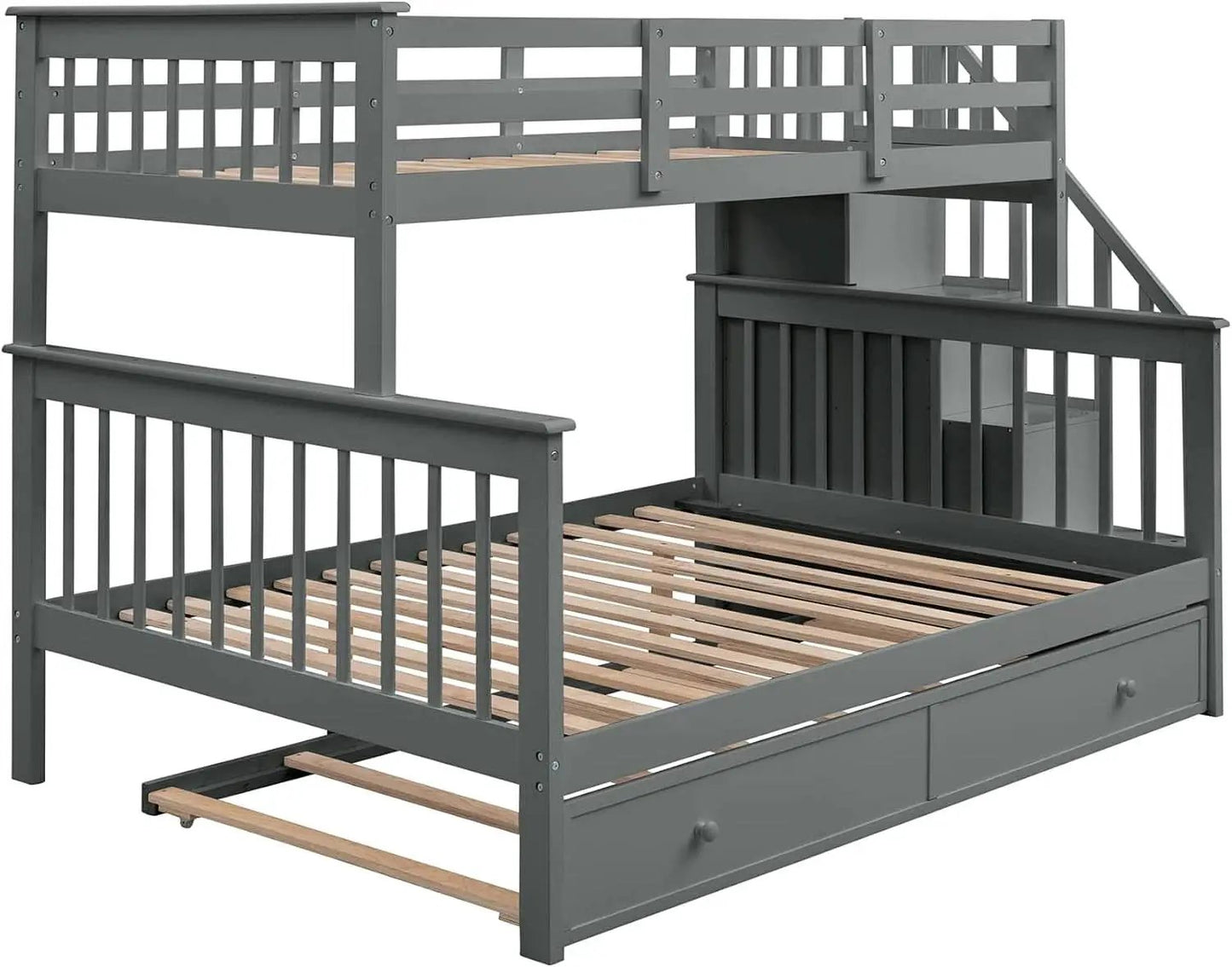 Twin Over Full Bunk Bed With Trundle Storage Shelves Grey from PriceLows™