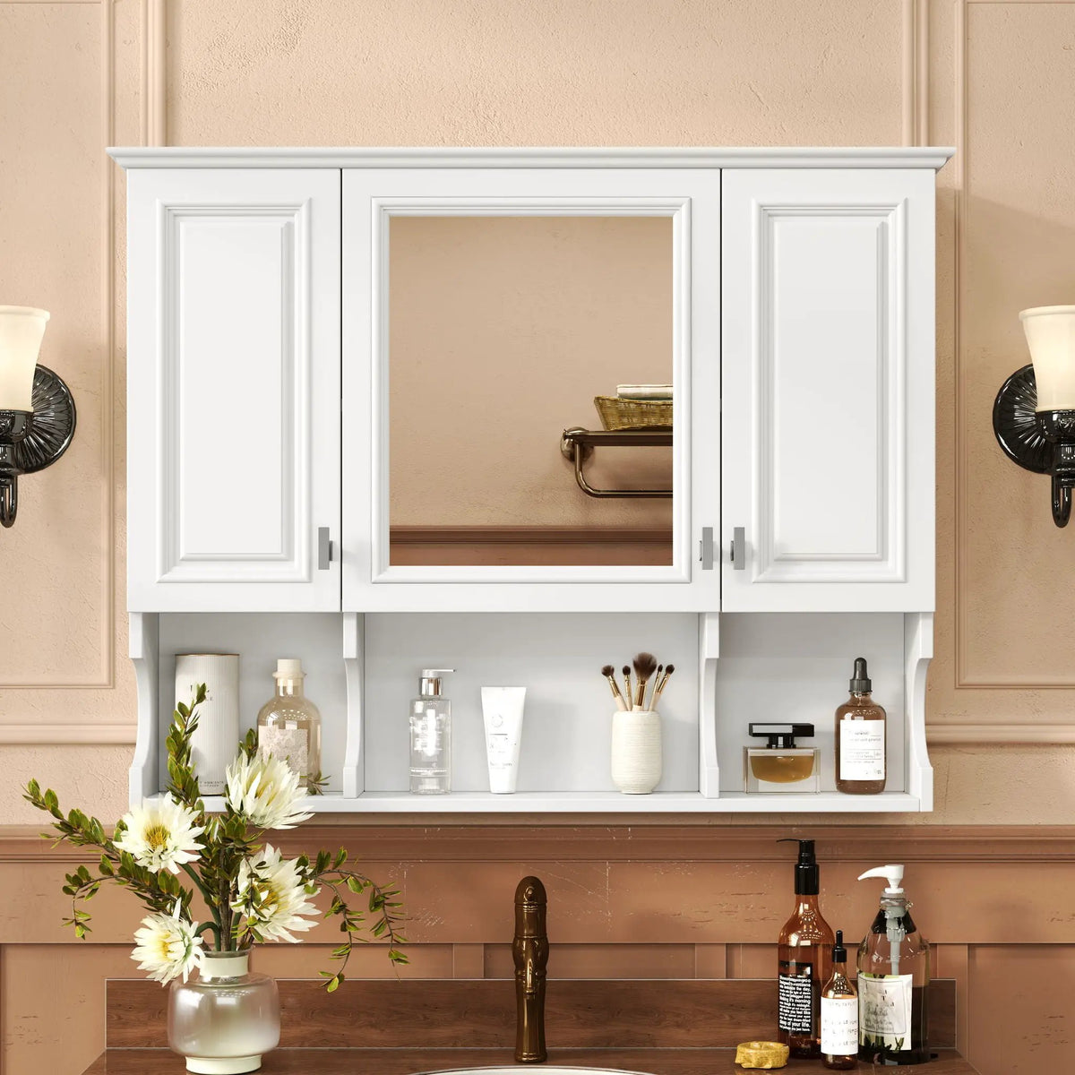 Wall Mounted Medicine Cabinet | Mirror | Open Shelves | 35 Inch Width