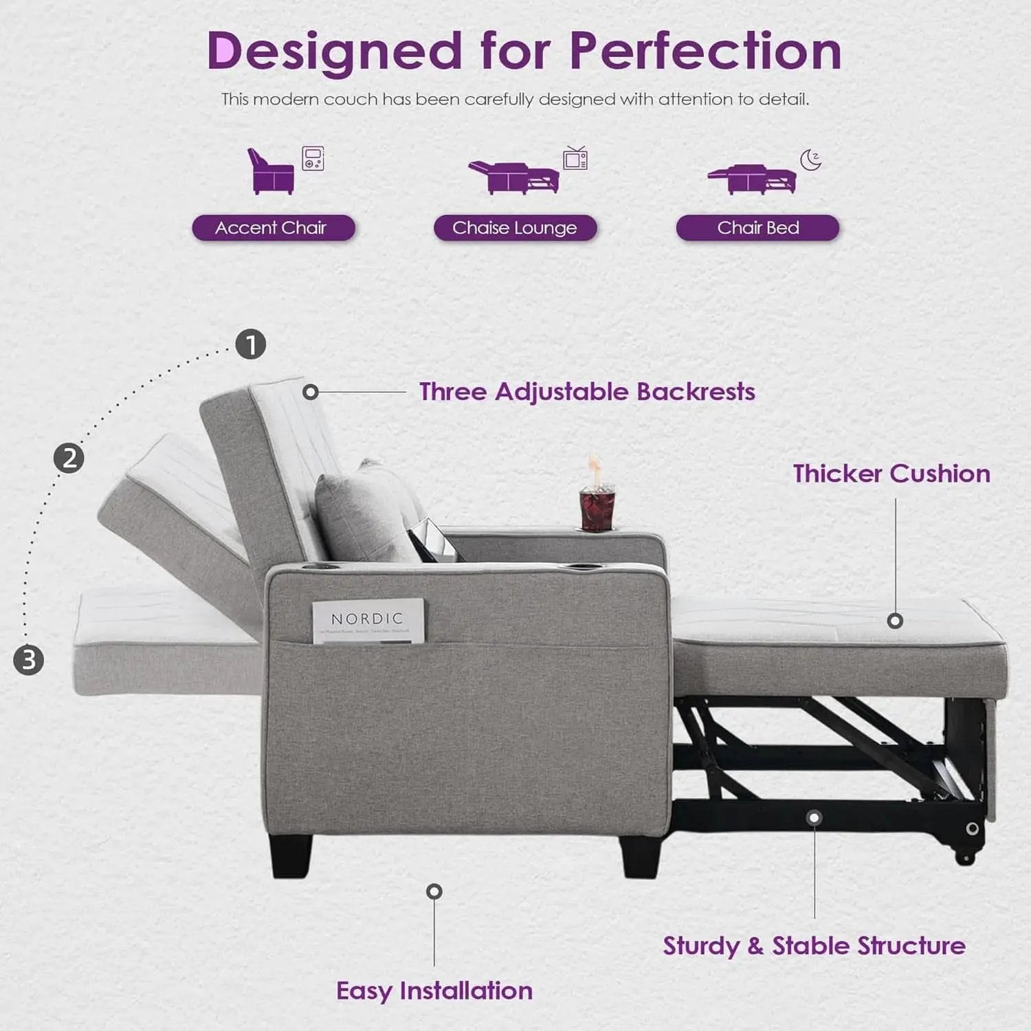 Charcoal Grey Convertible Sleeper Chair With USB Ports from PriceLows™