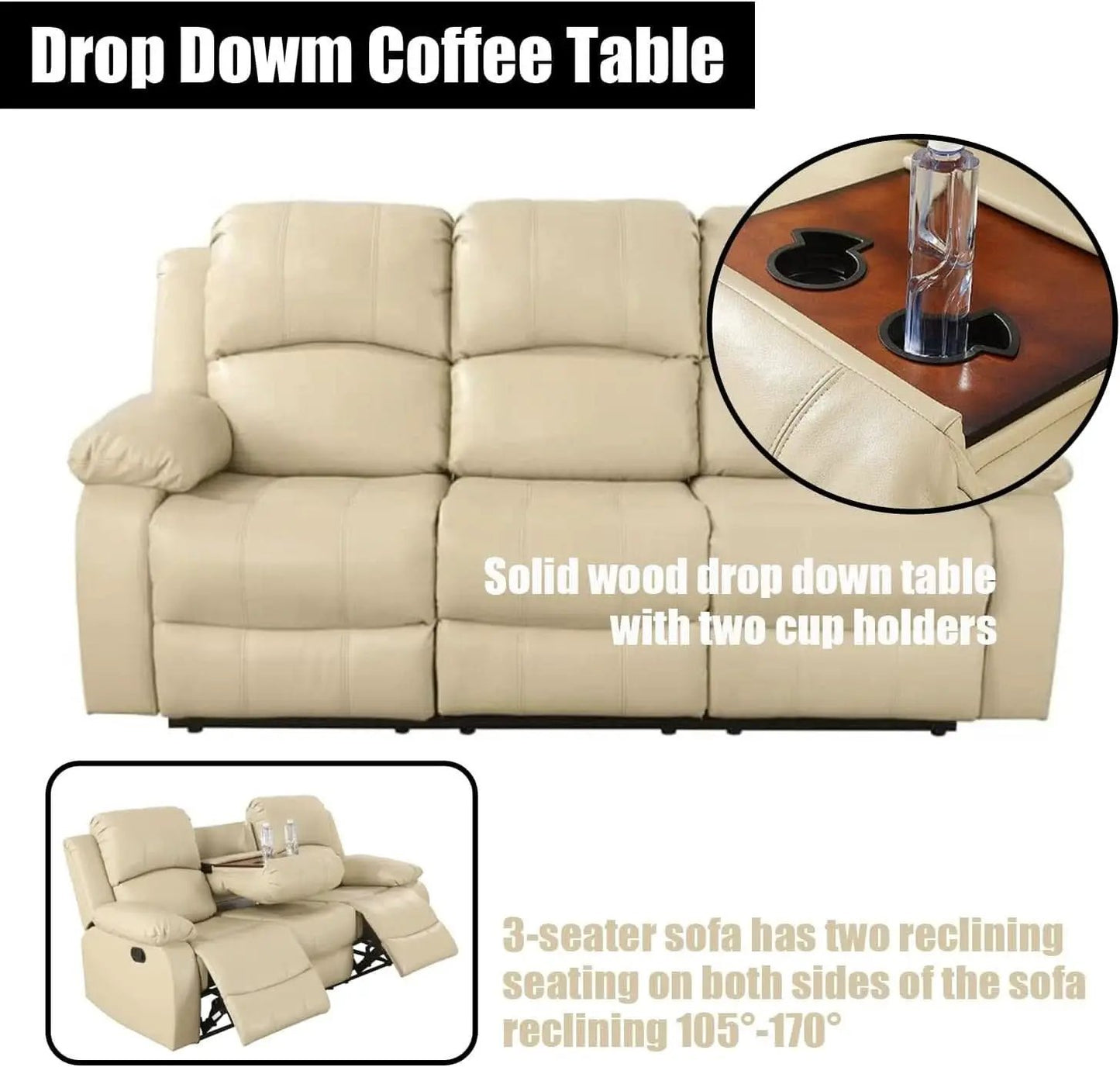 Beige Faux Leather Reclining Sofa Set With Storage Console from PriceLows™