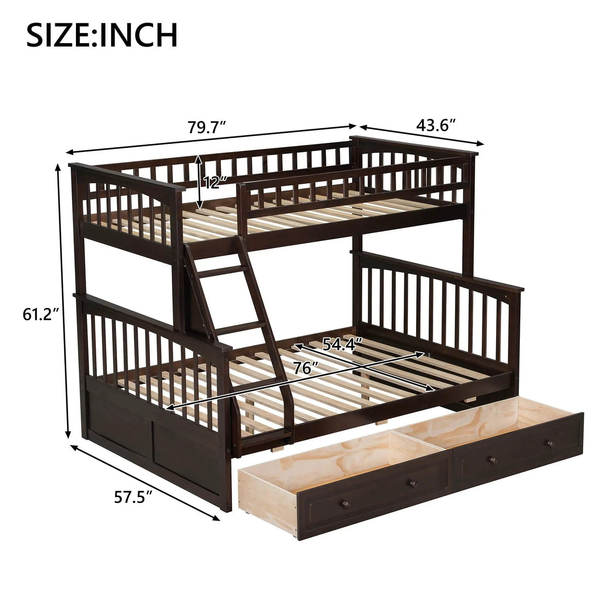 Bunk Bed With Drawers | Convertible Storage Design | Solid Pine Wood | Fence-Shaped Guardrail