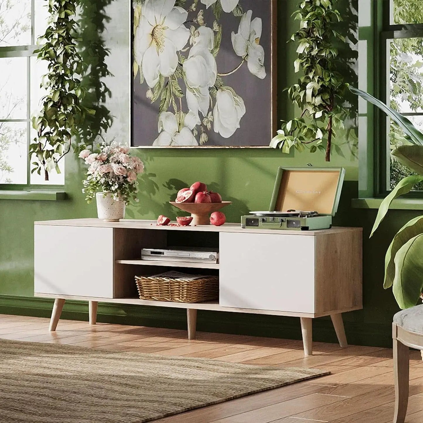 Boho TV Stand 55 To 60 Inch Greige White Sleek Design from PriceLows™