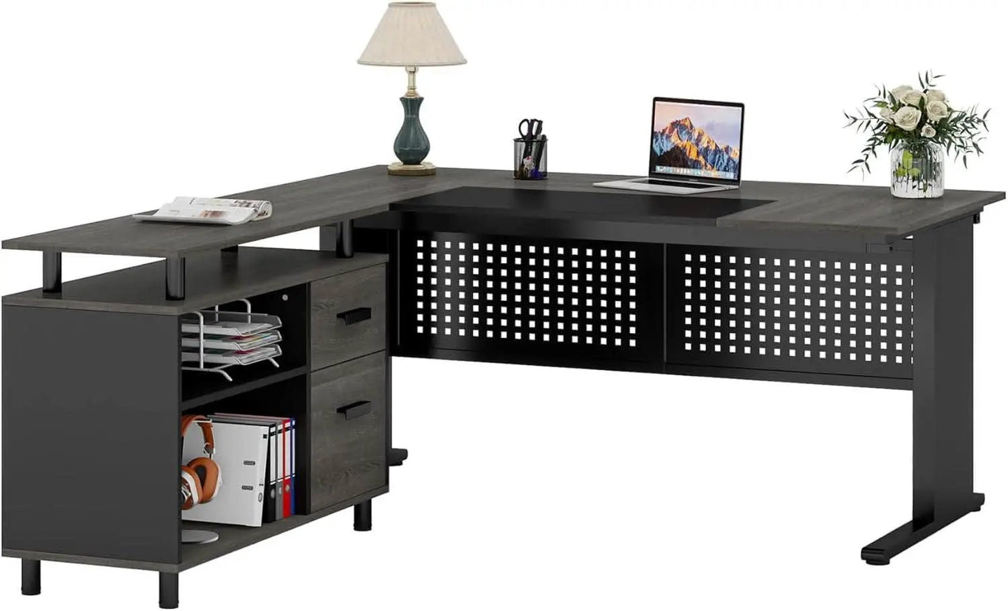 63 Inch Executive Desk With Integrated Cabinet Gray from PriceLows™